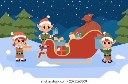 Christmas elves load gifts into Santa's magic sleigh. Santa Claus helper. Cute vector character. Festive elves at night in the forest at the North Pole.