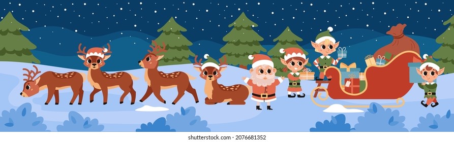 Christmas elves load gifts into Santa's magic sleigh. Santa Claus helper. Cute vector character. Festive elf, deers, Santa at night in the forest at the North Pole.