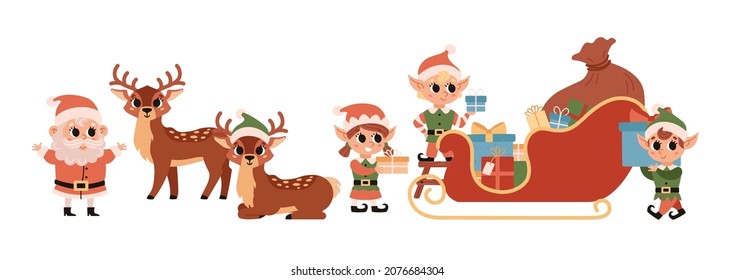 Christmas elves load gifts into Santa's magic sleigh. Santa Claus helper. Cute vector character. Festive elf, deers, Santa isolated on a white background.