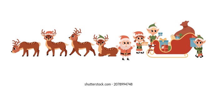 Los elfos de Navidad cargan regalos en el trineo mágico de Santa. Santa Claus ayuda. Carácter vector de corte. Elfo festivo, ciervos, Santa aislados en un fondo blanco.