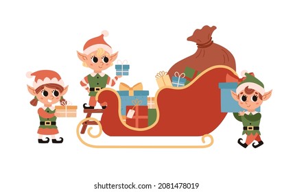 Christmas elves load gifts into Santa's magic sleigh. Santa Claus helper. Cute vector character. Festive elf on a white background.