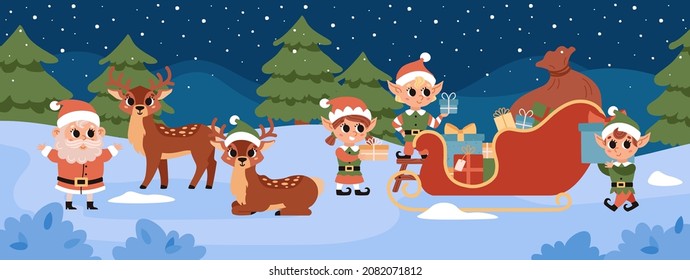 Christmas elves load gifts into Santa's magic sleigh. Santa Claus helper. Cute vector character. Festive elf, deers, Santa at night in the forest at the North Pole.