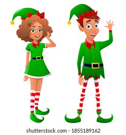 Christmas elves, man and woman. Merry Christmas cartoon elf card design. Green elf costume. Cute elves cartoon character christmasfor background. Vector illustration