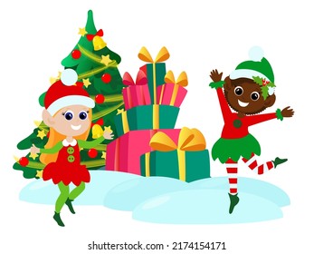 Christmas elves near boxes with gifts and a Christmas tree. Children are happy and they smile and jump. The mood of joy. Winter holiday cartoon illustration isolated on white background.