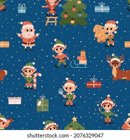 Christmas elves at the North Pole. Vector seamless pattern with green spruces, Santa Claus, deers and elves. Northern forest. Hand drawn illustration. 