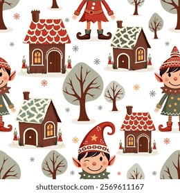 Christmas Elves on the Background of Houses