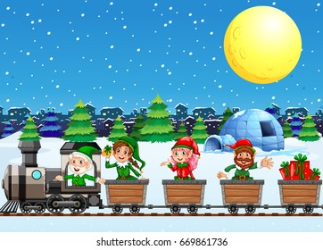 Christmas elves on train at night illustration