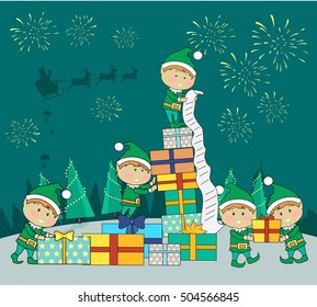 Christmas elves packing presents gift boxes according to wish list. Fireworks and santa with reindeers in sky on snowy background. Magic eve. New year and xmas concept. Cartoon flat style. Vector