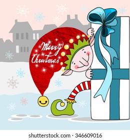 Christmas Elves with a present, hand drawn vector Christmas greeting card