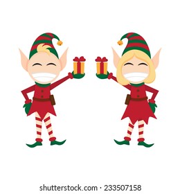 Christmas elves with presents in hand.