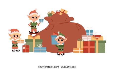 Los elfos de Navidad están poniendo regalos en una bolsa grande. Santa Claus ayuda. Carácter vector de corte. El elfo festivo aislado en un fondo blanco.