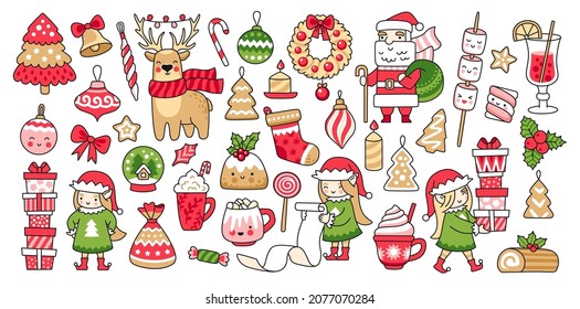 Christmas elves, santa claus, gifts and decorations. Merry christmas and happy new year. Collection of cute cartoon stickers, elements for greeting cards, prints, invitations. Vector illustrations.