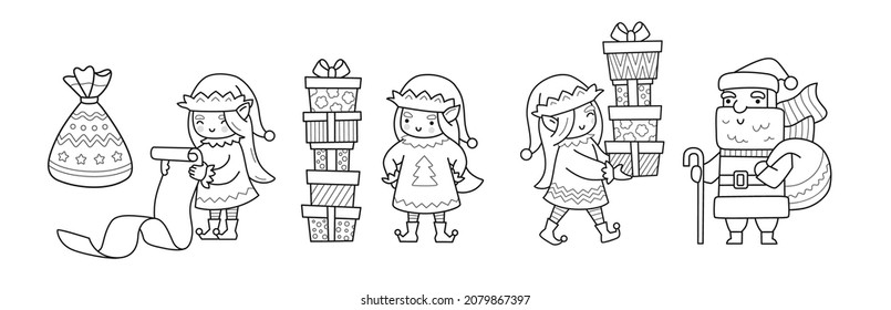 Christmas elves, Santa Claus, gifts. Set of cartoon characters. Outline illustration. Vector isolated emblem for logo, coloring book, tattoo, print.