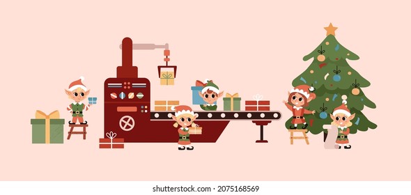 Christmas elves. Santa Claus helper. Elves work on the conveyor belt, make gifts. Factory for the production of gifts at the North Pole.