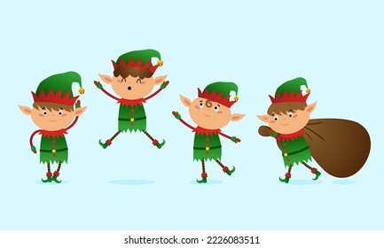 Christmas elves - Santa's little helpers  in cartoon style. Merry Christmas and happy new year. Funny characters in Santa's workshop.