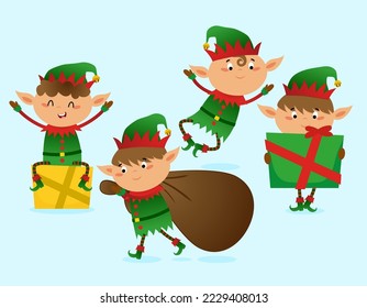 Christmas elves - Santa's little helpers  in cartoon style. Merry Christmas and happy new year. Funny characters in Santa's workshop.