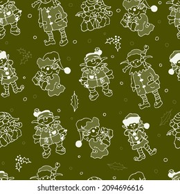 Christmas Elves seamless pattern. New Year elves - girls and boys. Doodle background. Christmas Green Pattern. Long ears, green hats, snowfall, mistletoe leave. Hand drawn  fabric, winter packing.