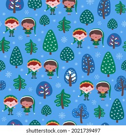Weihnachtselfen nahtloses Muster. Weihnachtsbäume und Elfen Winter wiederholen Design. Blauer Hintergrund. Elf Junge und Elf Mädchen Vektorgrafik. Die Helfer des Weihnachtsmannes singen. Tapete, Wickelpapier, Stoff.