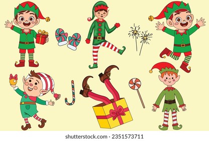 Christmas Elves Set of 6 - Pack of Elf for Graphic Designers and Xmas Lovers with Christmas Doodles and a Boy Wearing Elf Costume