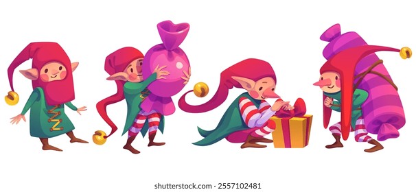 Christmas elves set isolated on white background. Vector cartoon illustration of smiling gnomes in red hats with bells, carrying candies, packing gift box with red ribbon bow, fairytale characters