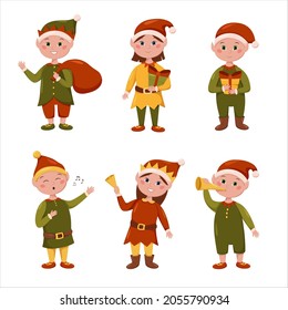 Christmas elves, set of little elves with gifts, singing elf, elf girl, Christmas color scheme, vector cute characters