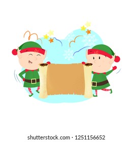 Christmas elves showing big scroll. Invitation, character, helper. Can be used for topics like holiday, winter, party