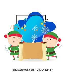 Christmas elves showing big scroll. Invitation, character, helper. Can be used for topics like holiday, winter, party