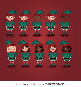 Christmas elves smiling and wearing green clothes