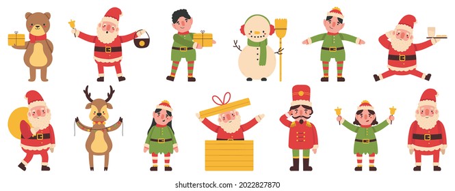 Christmas elves, snowman and reindeer Santa Claus helpers mascots. Winter holiday funny team vector illustration set. Santa Claus noel helpers characters with gift boxes, bell and garland