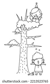 Ilustración vectorial de árboles nevados y elfos de Navidad