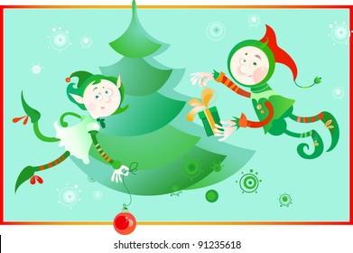 Christmas Elves with a Christmas Tree