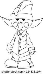 Christmas elves, vector cartoon. Isolated on white, contour image, coloring outline. In pajamas