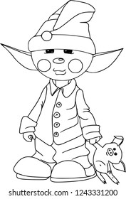 Christmas elves, vector cartoon. Isolated on white, contour image, coloring outline. With funny pig