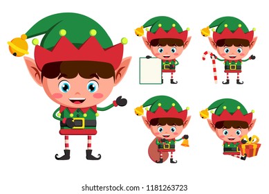 Christmas elves vector character set. Young boy elf cartoon characters holding christmas elements and objects isolated in white background. Vector illustration.
