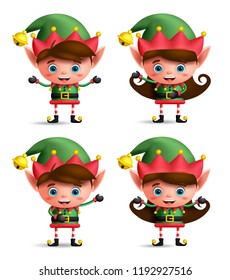 Christmas elves vector character set. Cute kids wearing green elf costume showing different posture and hand gestures isolated in white background. Vector illustration.
