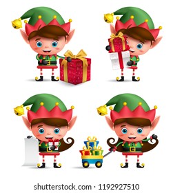 Christmas elves vector characters set. Cute kids with green elf costume holding gifts and other christmas elements isolated in white background. Vector illustration.
