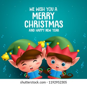 Christmas elves vector characters singing christmas carol in  blue background with greeting text. Vector illustration.
