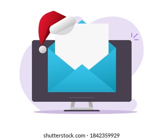 Correo de Navidad página de cartas vacías en línea en la computadora pc ilustración de caricatura plana vectorial, año nuevo deseo feliz concepto de escritura de cartas en papel, correo de Navidad lista de documentos digitales electrónicos
