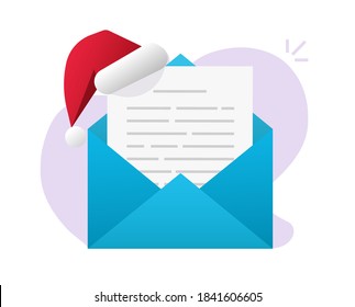 Christmas email letter with text message received vector flat cartoon illustration, xmas mail electronic digital document list with santa claus cap or hat, idea of writing happy paper letter for new y