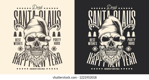 Christmas emblem in black and white background. Skull of Santa Claus in vintage style. Vector illustration.