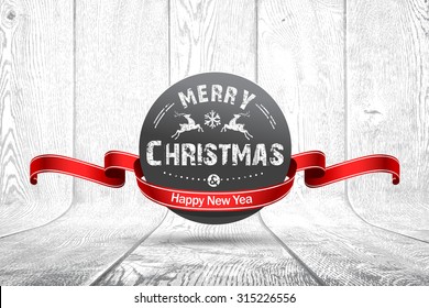 Christmas emblem on white wooden texture. Vector illustration