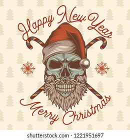 Christmas emblem. Skull Santa Claus vintage style. Vector illustration.