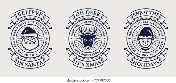 Christmas emblems with Santa, Elf and deer. Set of elegant typography badges for postcards, gift tags, print on holiday souvenirs or web page decor. Vector illustration.