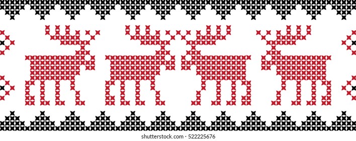 Christmas embroidered Ukrainian national pattern. Cross with deer