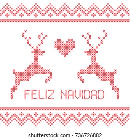 Christmas embroidery cross-stitch with deers and heart. Merry Christmas  written in Spanish. Greeting card, napkin, poster, banner...