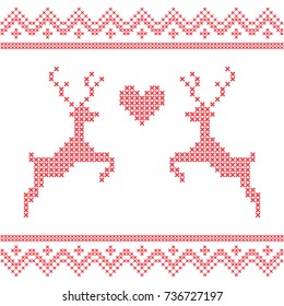 Christmas embroidery cross-stitch with deers and heart. Merry Christmas greeting card, napkin, poster, banner...