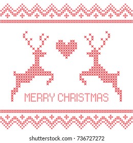 Christmas embroidery cross-stitch with deers and heart. Merry Christmas greeting card, napkin, poster, banner...
