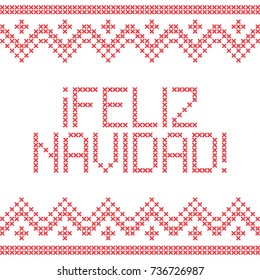 Christmas embroidery cross-stitch. Merry Christmas written in Spanish. Greeting card, napkin, poster, banner...