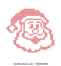 Christmas embroidery cross-stitch with Santa Claus happy face. Red on white background. Merry Christmas greeting card, napkin, poster, banner ...