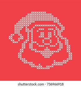 Christmas embroidery cross-stitch with Santa Claus happy face. White on red background. Merry Christmas greeting card, napkin, poster, banner... 